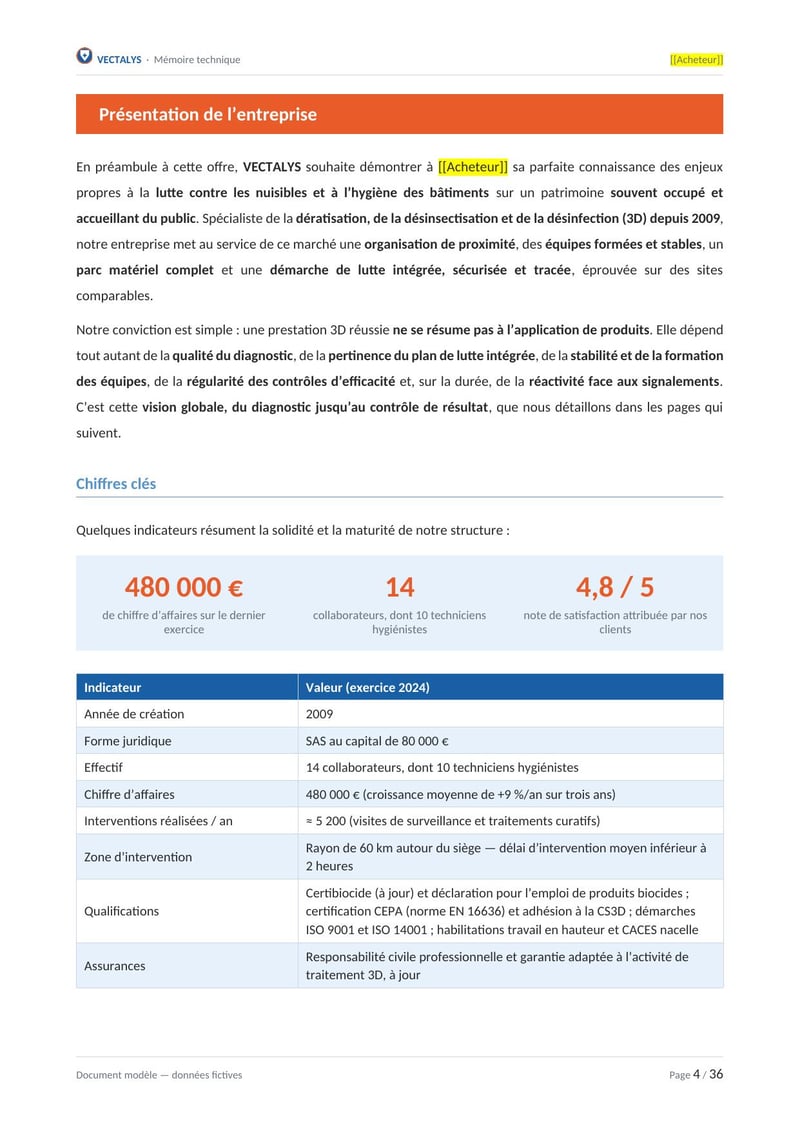 Page commentée du modèle de mémoire technique dératisation désinsectisation désinfection