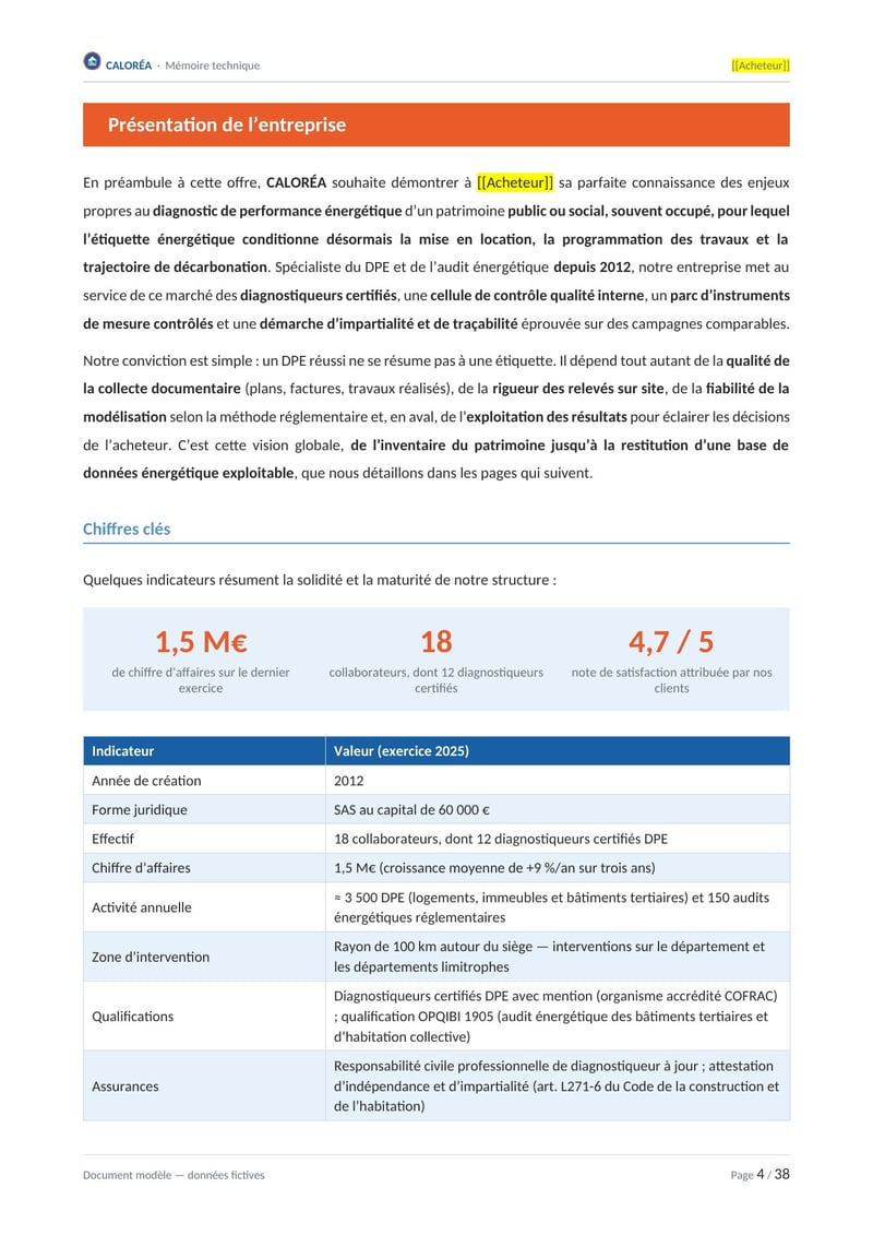 Page commentée du modèle de mémoire technique diagnostic de performance énergétique